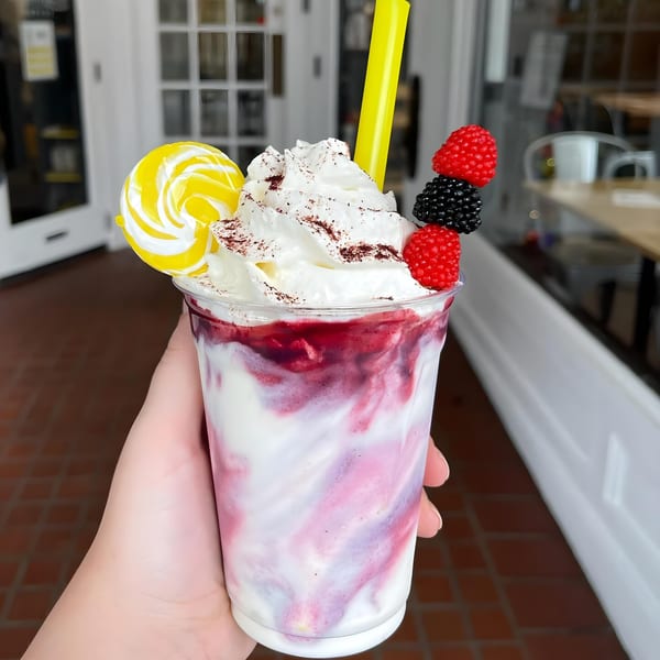Hand holding a Maxwell's Burgers & Shakes berry milkshake with whipped cream, lollipop, and berries.