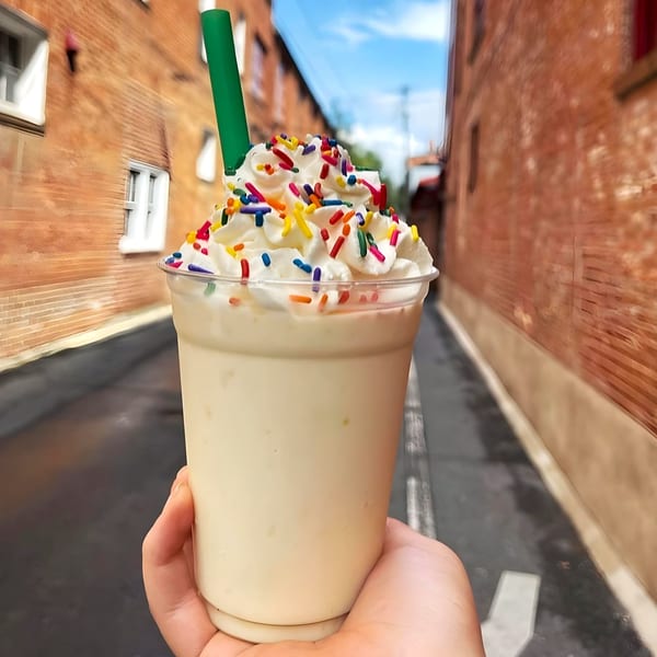 A hand holds a Maxwell's vanilla milkshake with whipped cream and sprinkles in an alleyway.