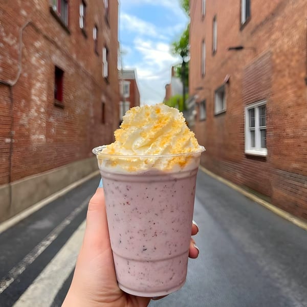 A hand holds a Maxwell's blueberry milkshake with whipped cream and sprinkles in an alleyway.