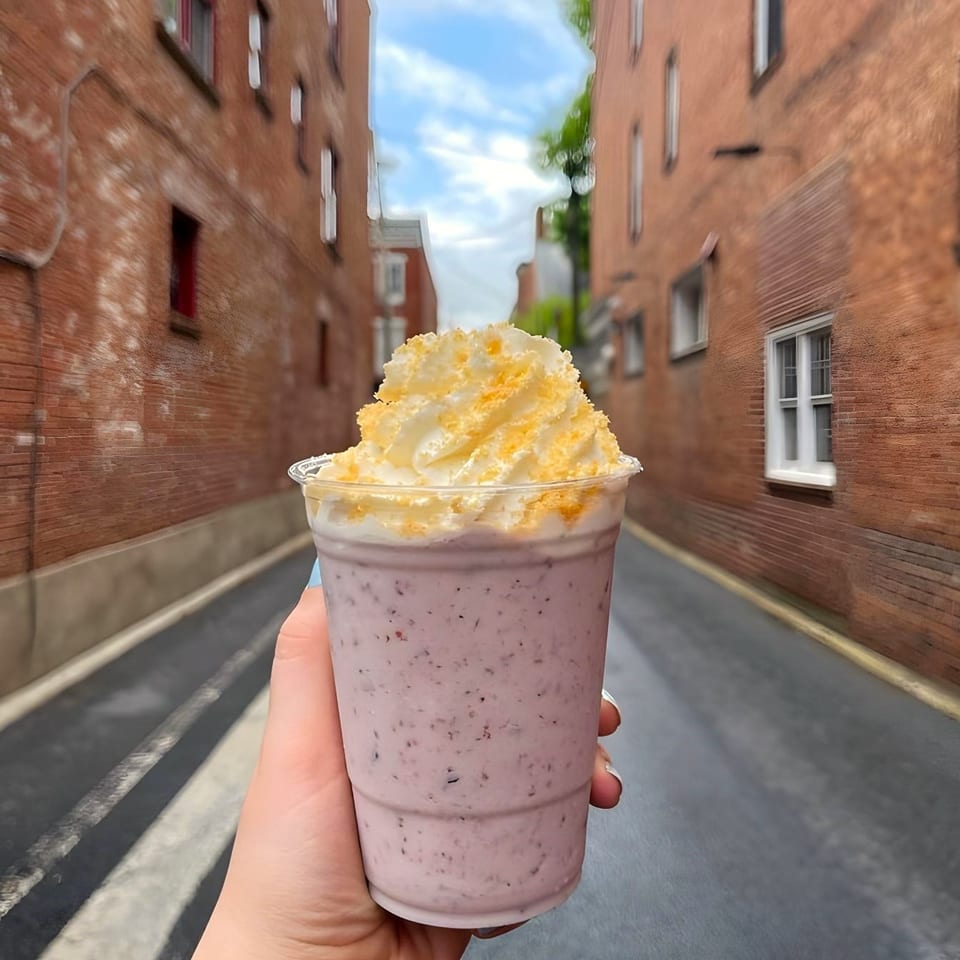 A hand holds a Maxwell's blueberry milkshake with whipped cream and sprinkles in an alleyway.